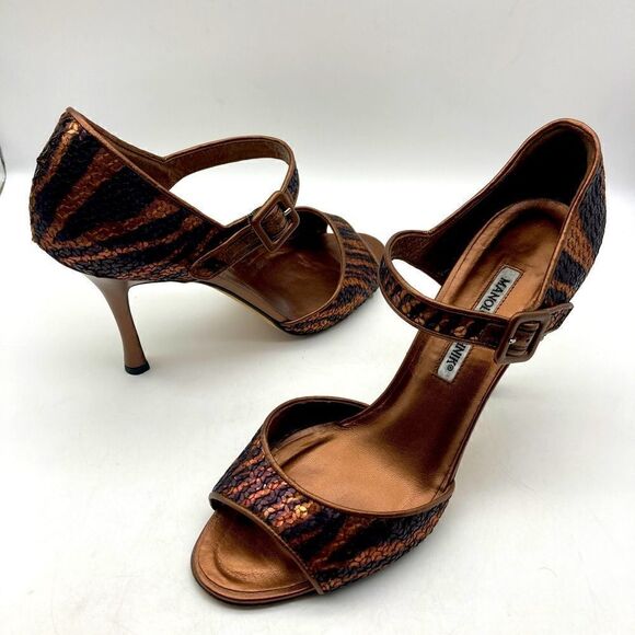 Manolo Blahnik Bronze Sequin/Leather Heels Size 39,5/9,5 - Picture 1 of 12